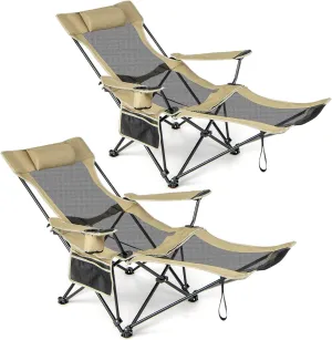 GYMAX Camping Chair, Adjustable Reclining Lounge Chair w/Removable Footrest, Padded Pillow, Cup Holder & Side Pocket, Folding Camping Mesh Chair w/Carry Bag for Outdoor Patio Lakeside (2, Khaki)