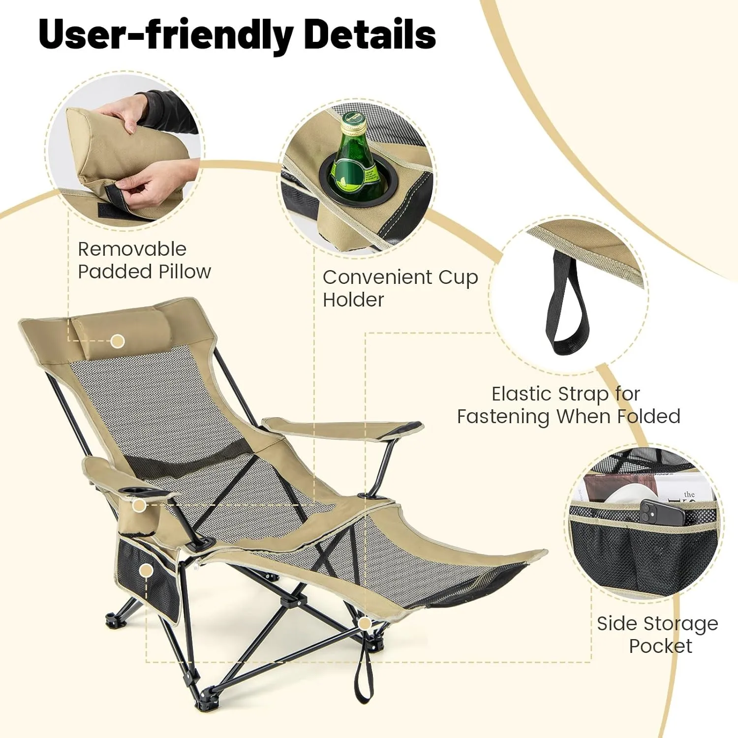 GYMAX Camping Chair, Adjustable Reclining Lounge Chair w/Removable Footrest, Padded Pillow, Cup Holder & Side Pocket, Folding Camping Mesh Chair w/Carry Bag for Outdoor Patio Lakeside (2, Khaki)