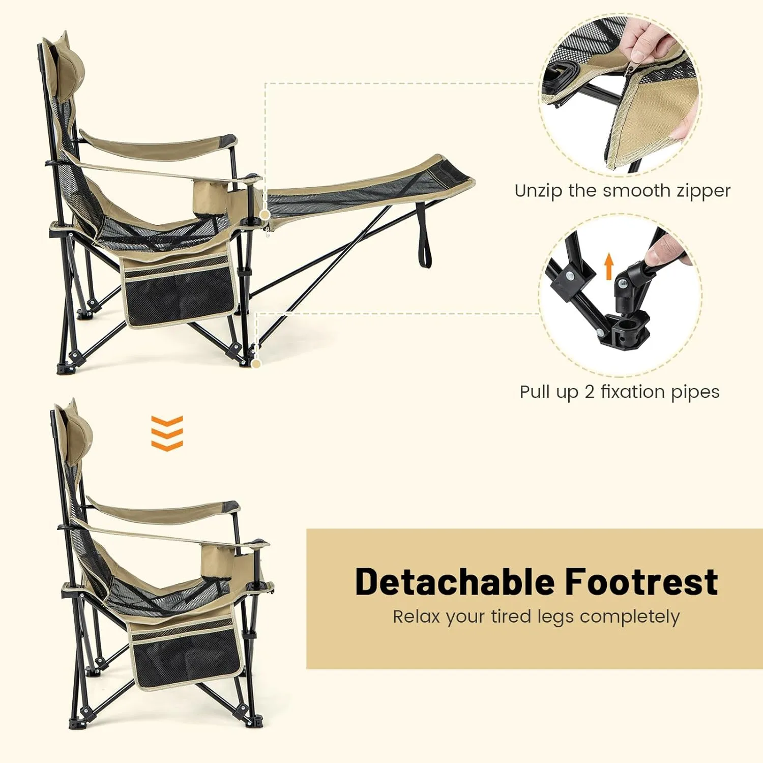 GYMAX Camping Chair, Adjustable Reclining Lounge Chair w/Removable Footrest, Padded Pillow, Cup Holder & Side Pocket, Folding Camping Mesh Chair w/Carry Bag for Outdoor Patio Lakeside (2, Khaki)
