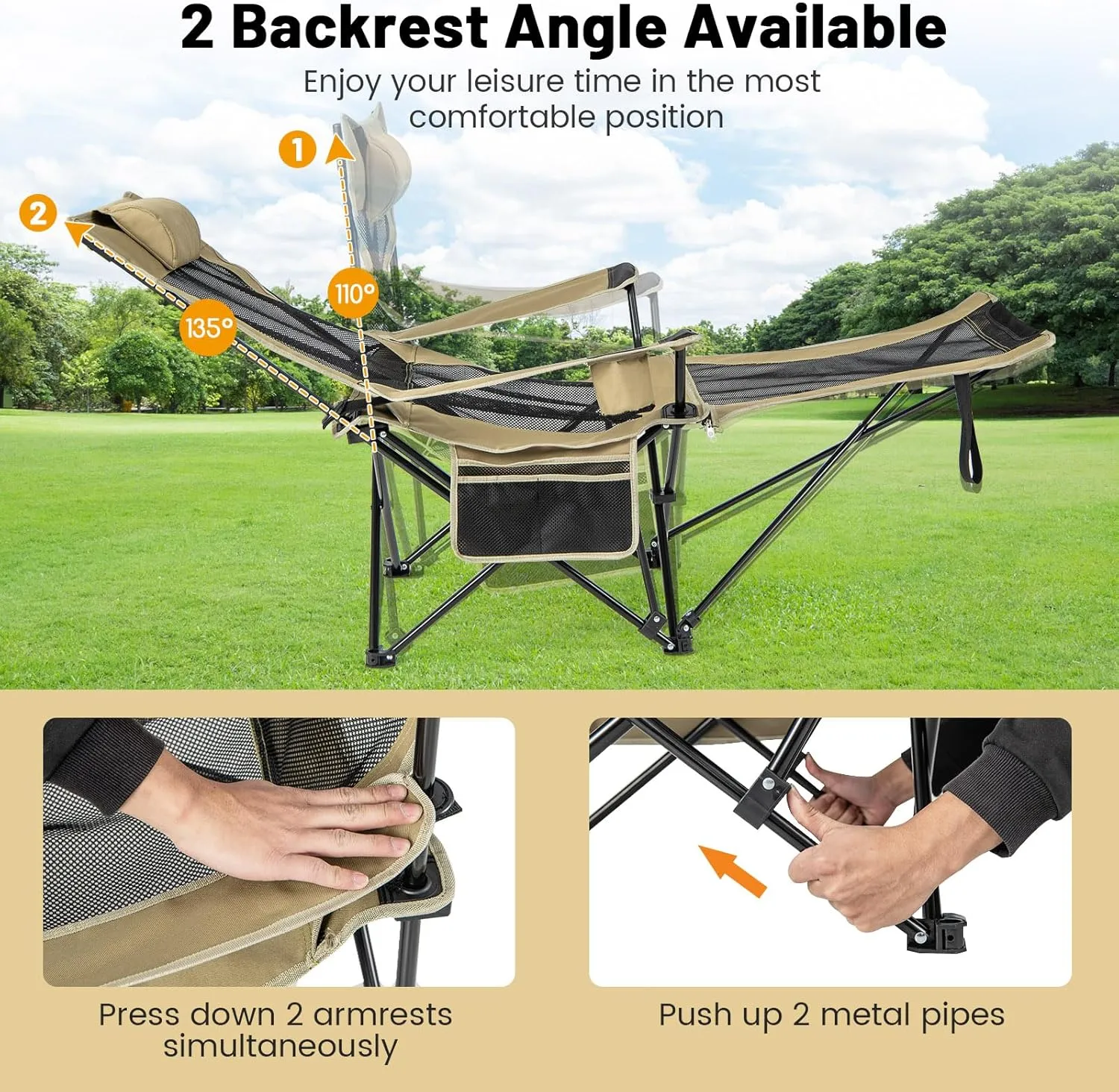 GYMAX Camping Chair, Adjustable Reclining Lounge Chair w/Removable Footrest, Padded Pillow, Cup Holder & Side Pocket, Folding Camping Mesh Chair w/Carry Bag for Outdoor Patio Lakeside (2, Khaki)