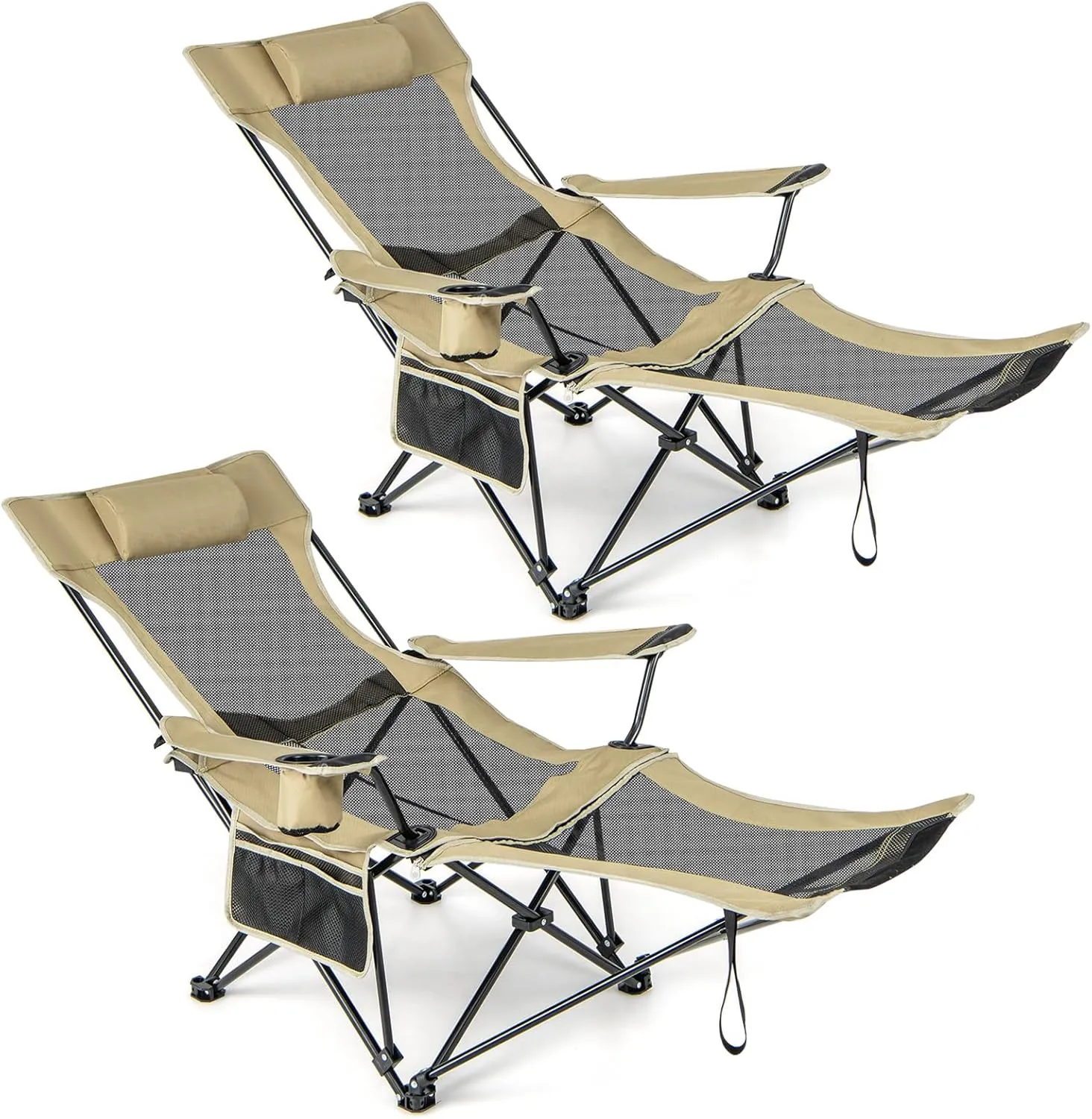GYMAX Camping Chair, Adjustable Reclining Lounge Chair w/Removable Footrest, Padded Pillow, Cup Holder & Side Pocket, Folding Camping Mesh Chair w/Carry Bag for Outdoor Patio Lakeside (2, Khaki)