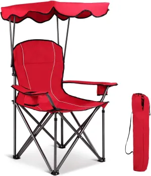 GYMAX Camping Chair, Folding Outdoor Lawn Chair with Canopy, Carry Bag & Cup Holder, Portable Heavy Duty Camp Chair for Outside Travel, Picnic, Beach Soccer Chairs
