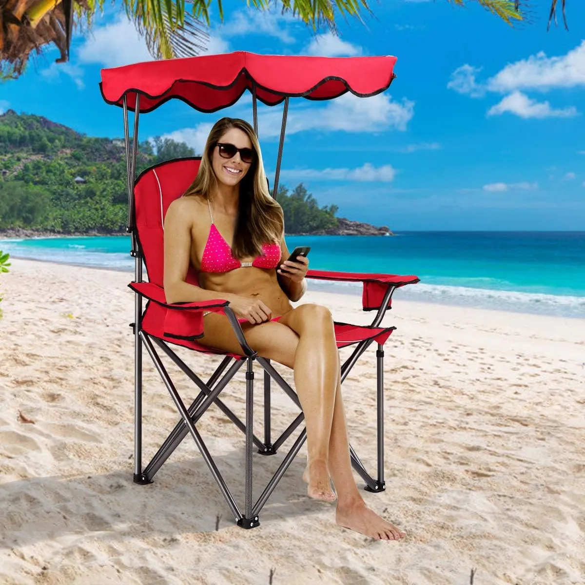 GYMAX Camping Chair, Folding Outdoor Lawn Chair with Canopy, Carry Bag & Cup Holder, Portable Heavy Duty Camp Chair for Outside Travel, Picnic, Beach Soccer Chairs
