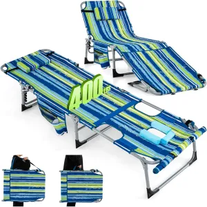 GYMAX Tanning Chair, 400LBS Beach Lounge w/Face Arm Hole & Hand Shoulder Strap, Folding Layout Sunbathing Chair, Face Down Outdoor Chaise Lounger for Patio, Poolside, Backyard (1, Blue Stripe)