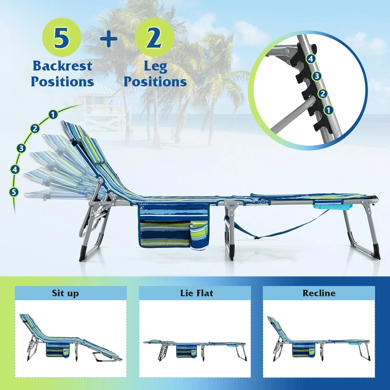 GYMAX Tanning Chair, 400LBS Beach Lounge w/Face Arm Hole & Hand Shoulder Strap, Folding Layout Sunbathing Chair, Face Down Outdoor Chaise Lounger for Patio, Poolside, Backyard (1, Blue Stripe)