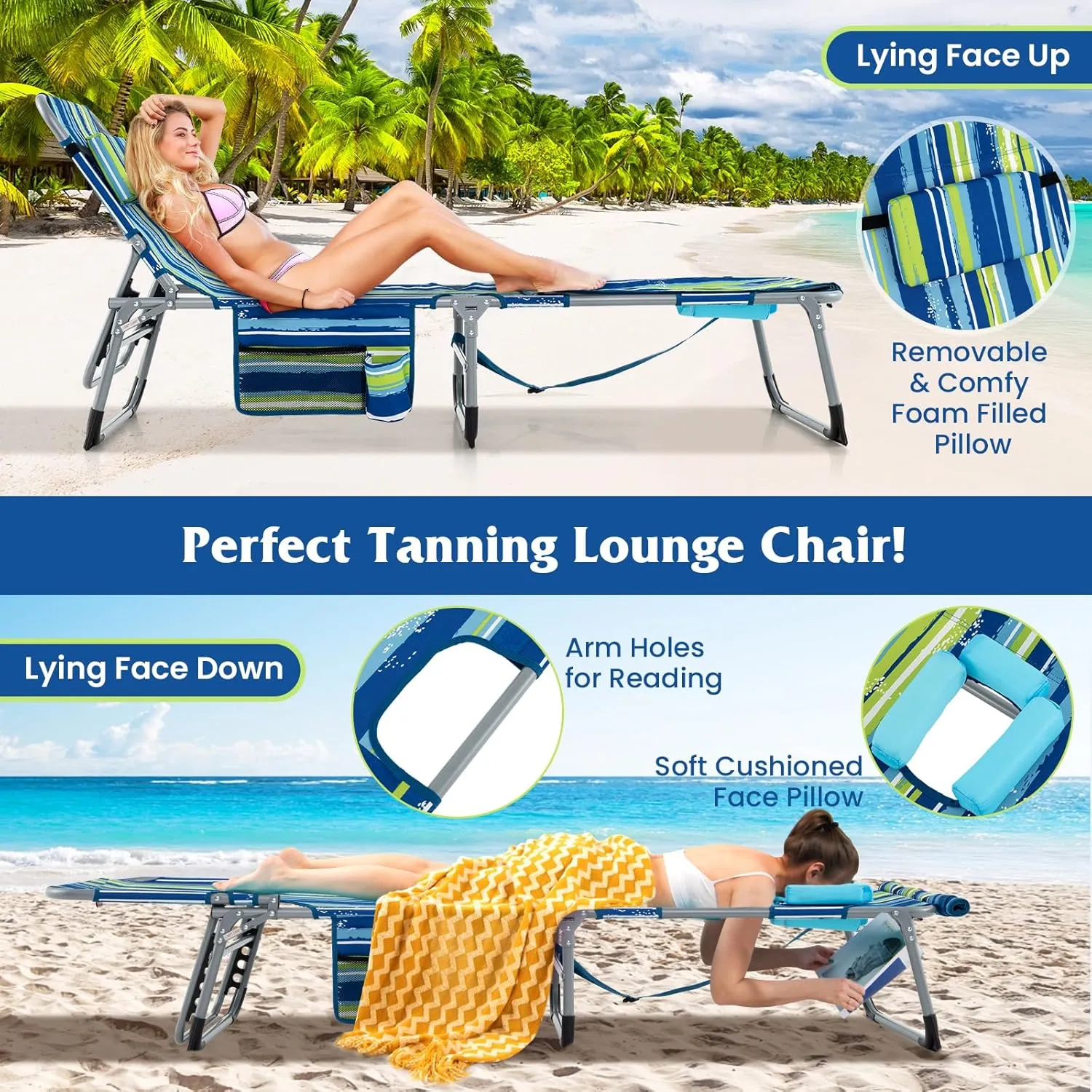 GYMAX Tanning Chair, 400LBS Beach Lounge w/Face Arm Hole & Hand Shoulder Strap, Folding Layout Sunbathing Chair, Face Down Outdoor Chaise Lounger for Patio, Poolside, Backyard (1, Blue Stripe)