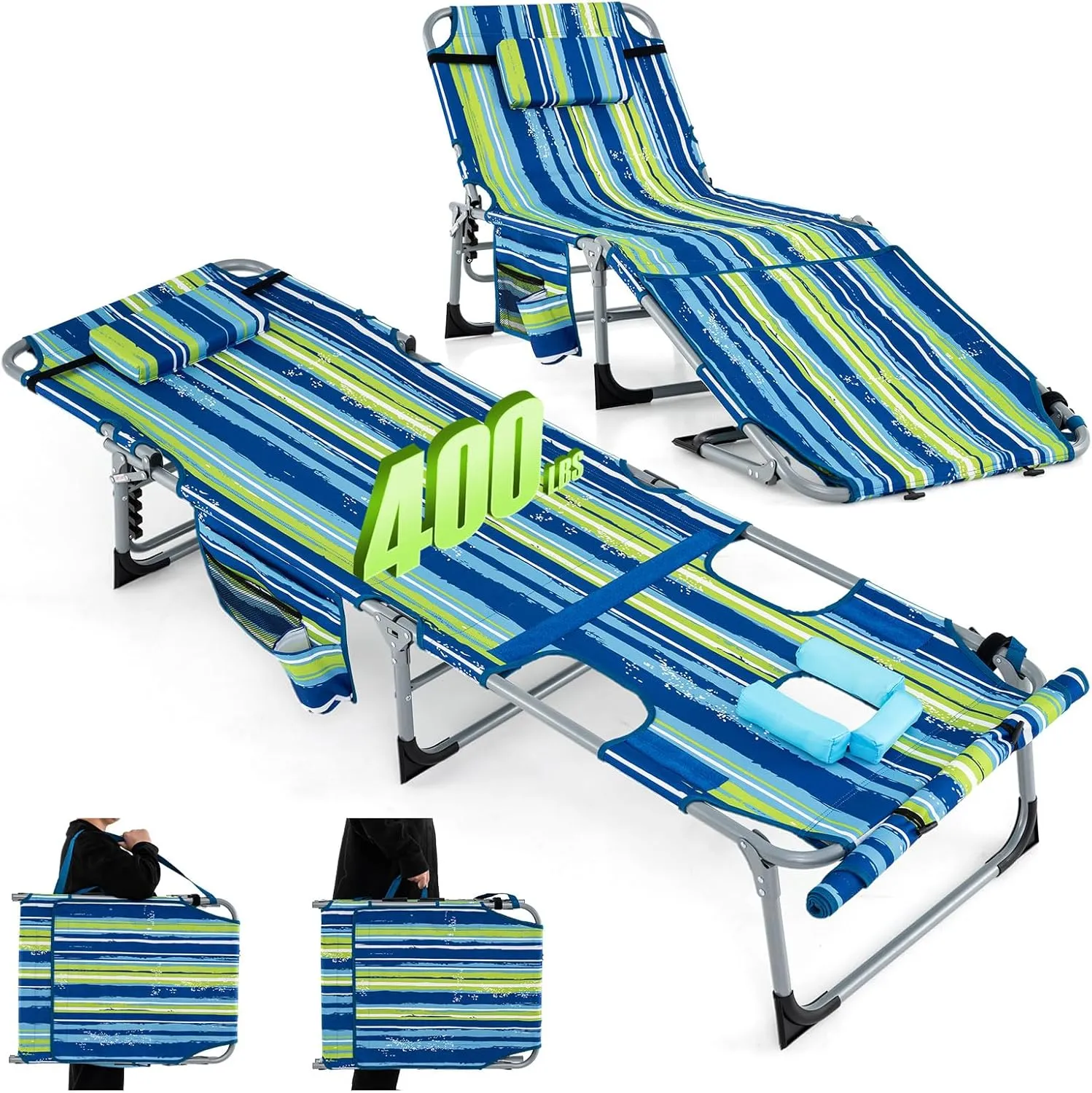 GYMAX Tanning Chair, 400LBS Beach Lounge w/Face Arm Hole & Hand Shoulder Strap, Folding Layout Sunbathing Chair, Face Down Outdoor Chaise Lounger for Patio, Poolside, Backyard (1, Blue Stripe)