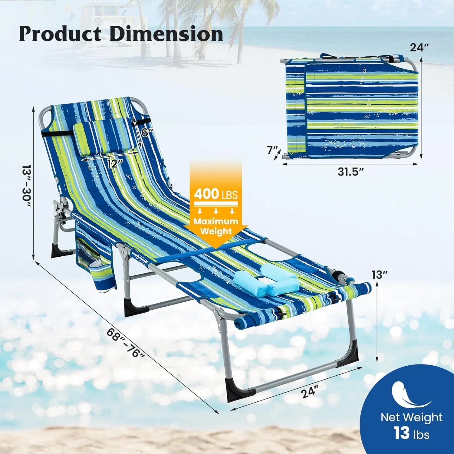 GYMAX Tanning Chair, 400LBS Beach Lounge w/Face Arm Hole & Hand Shoulder Strap, Folding Layout Sunbathing Chair, Face Down Outdoor Chaise Lounger for Patio, Poolside, Backyard (1, Blue Stripe)