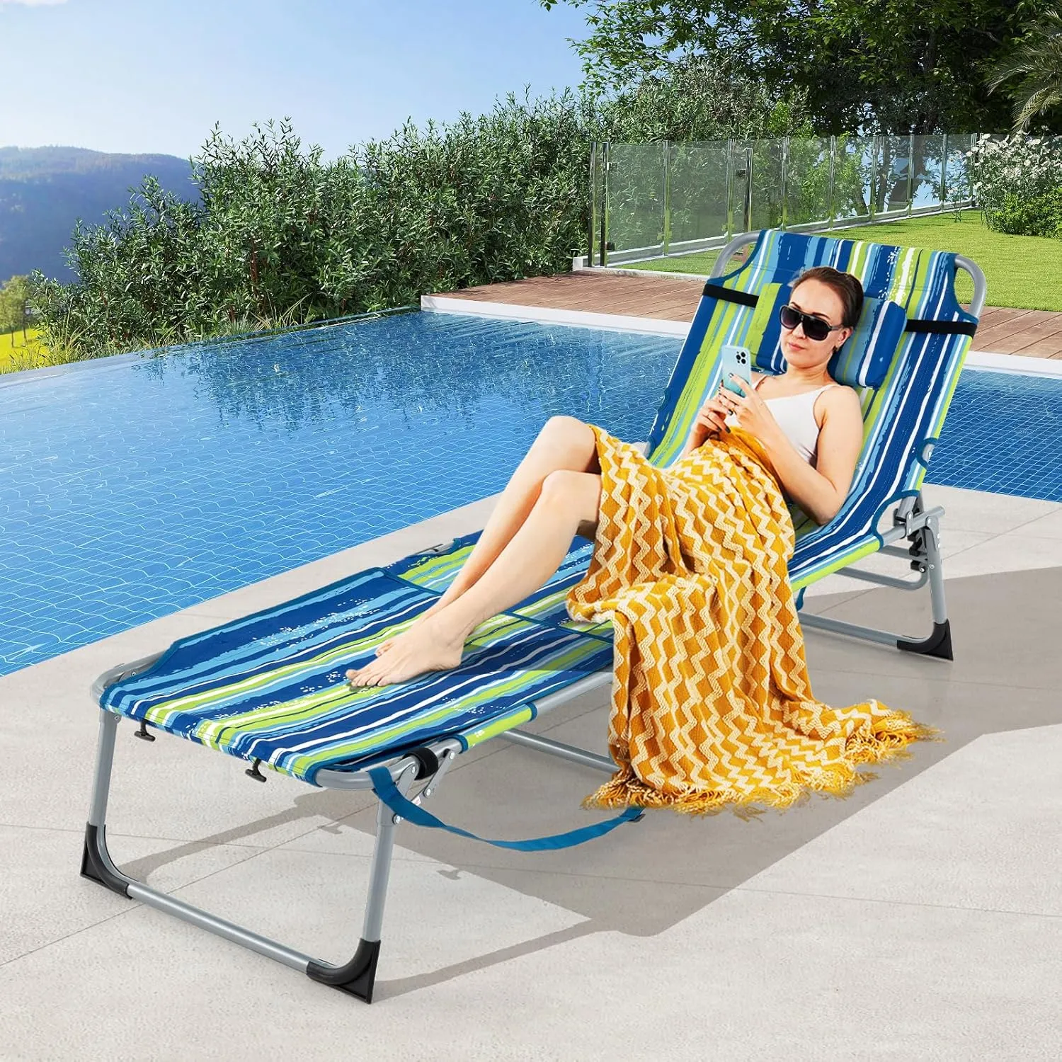 GYMAX Tanning Chair, 400LBS Beach Lounge w/Face Arm Hole & Hand Shoulder Strap, Folding Layout Sunbathing Chair, Face Down Outdoor Chaise Lounger for Patio, Poolside, Backyard (1, Blue Stripe)