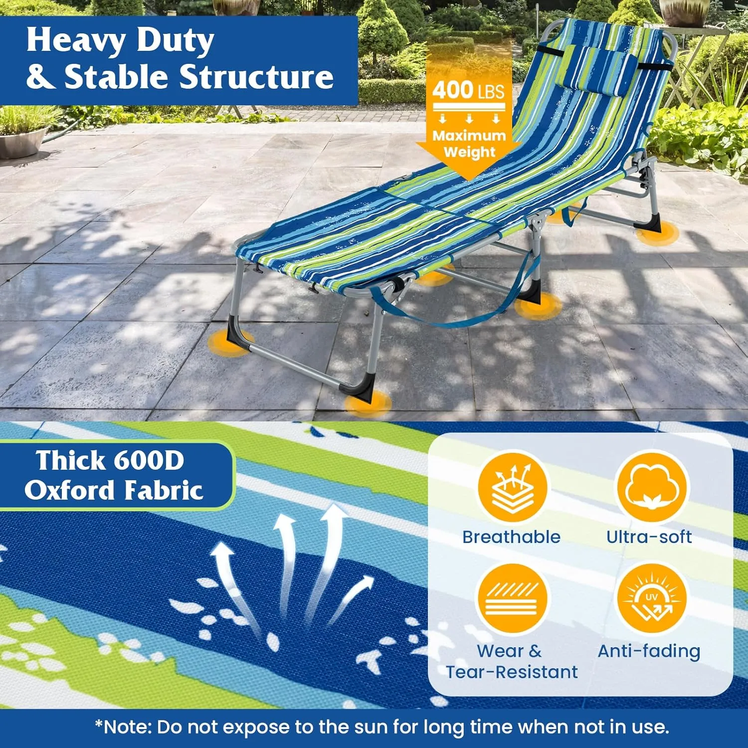 GYMAX Tanning Chair, 400LBS Beach Lounge w/Face Arm Hole & Hand Shoulder Strap, Folding Layout Sunbathing Chair, Face Down Outdoor Chaise Lounger for Patio, Poolside, Backyard (1, Blue Stripe)