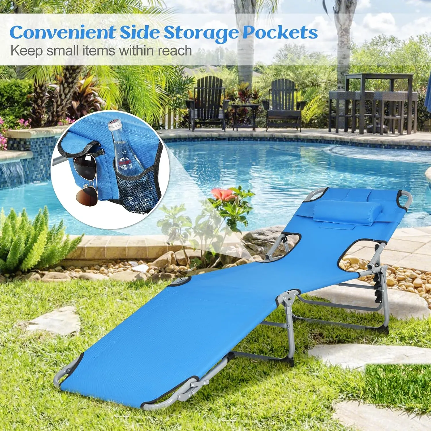 GYMAX Tanning Chair, Beach Lounge Chair with Face Hole, 5 Level Adjustable Backrest, Removable Pillow & Carry Handle, Layout Sunbathing Chair for Outside Beach Poolside Lawn Patio (1, Blue)