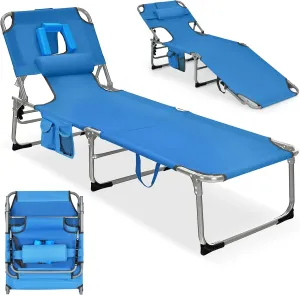 GYMAX Tanning Chair, Beach Lounge Chair with Face Hole, 5 Level Adjustable Backrest, Removable Pillow & Carry Handle, Layout Sunbathing Chair for Outside Beach Poolside Lawn Patio (1, Blue)
