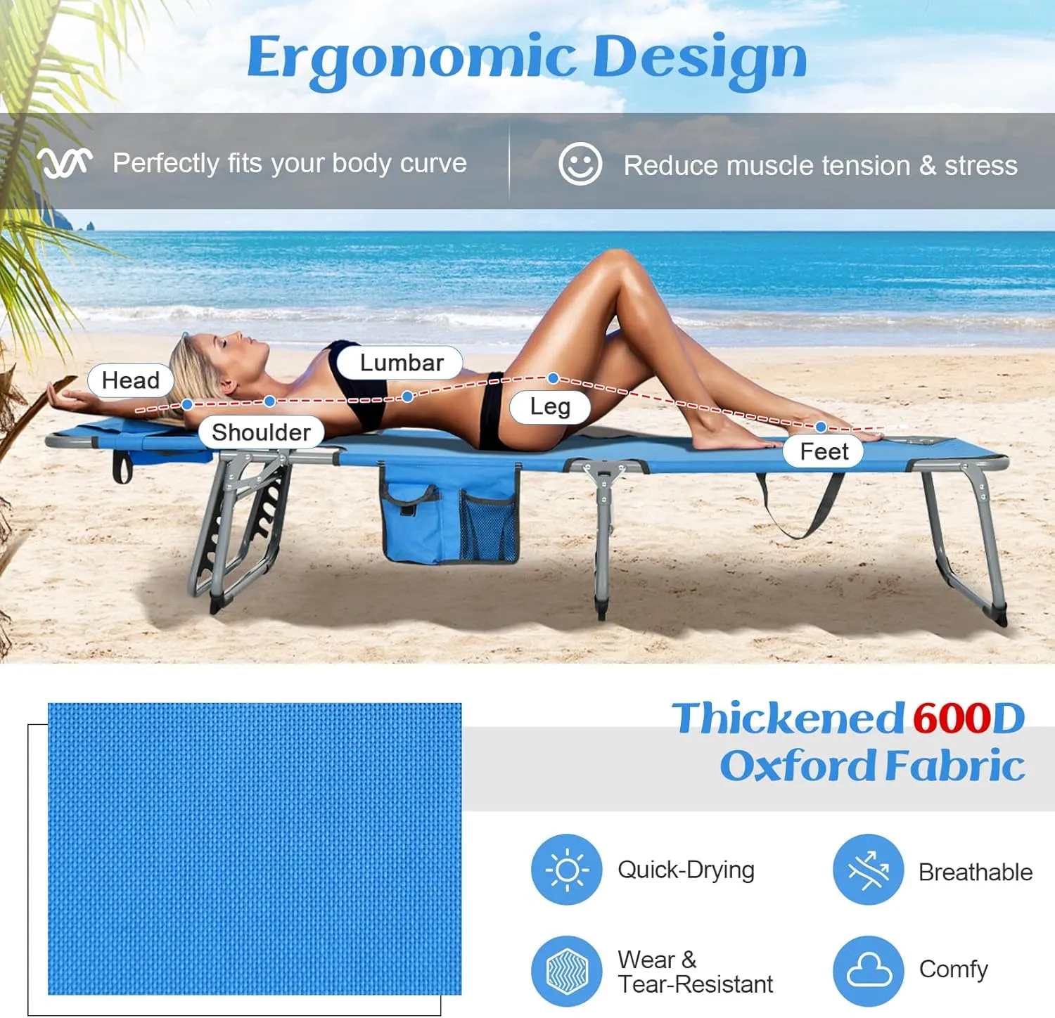 GYMAX Tanning Chair, Beach Lounge Chair with Face Hole, 5 Level Adjustable Backrest, Removable Pillow & Carry Handle, Layout Sunbathing Chair for Outside Beach Poolside Lawn Patio (1, Blue)