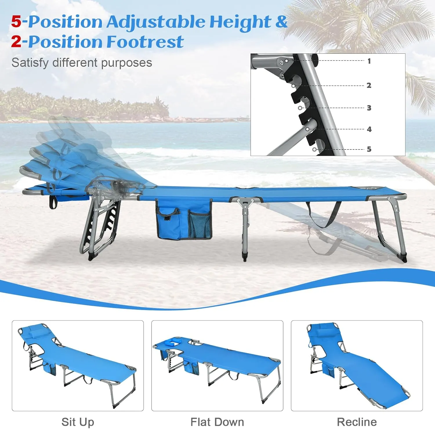 GYMAX Tanning Chair, Beach Lounge Chair with Face Hole, 5 Level Adjustable Backrest, Removable Pillow & Carry Handle, Layout Sunbathing Chair for Outside Beach Poolside Lawn Patio (1, Blue)
