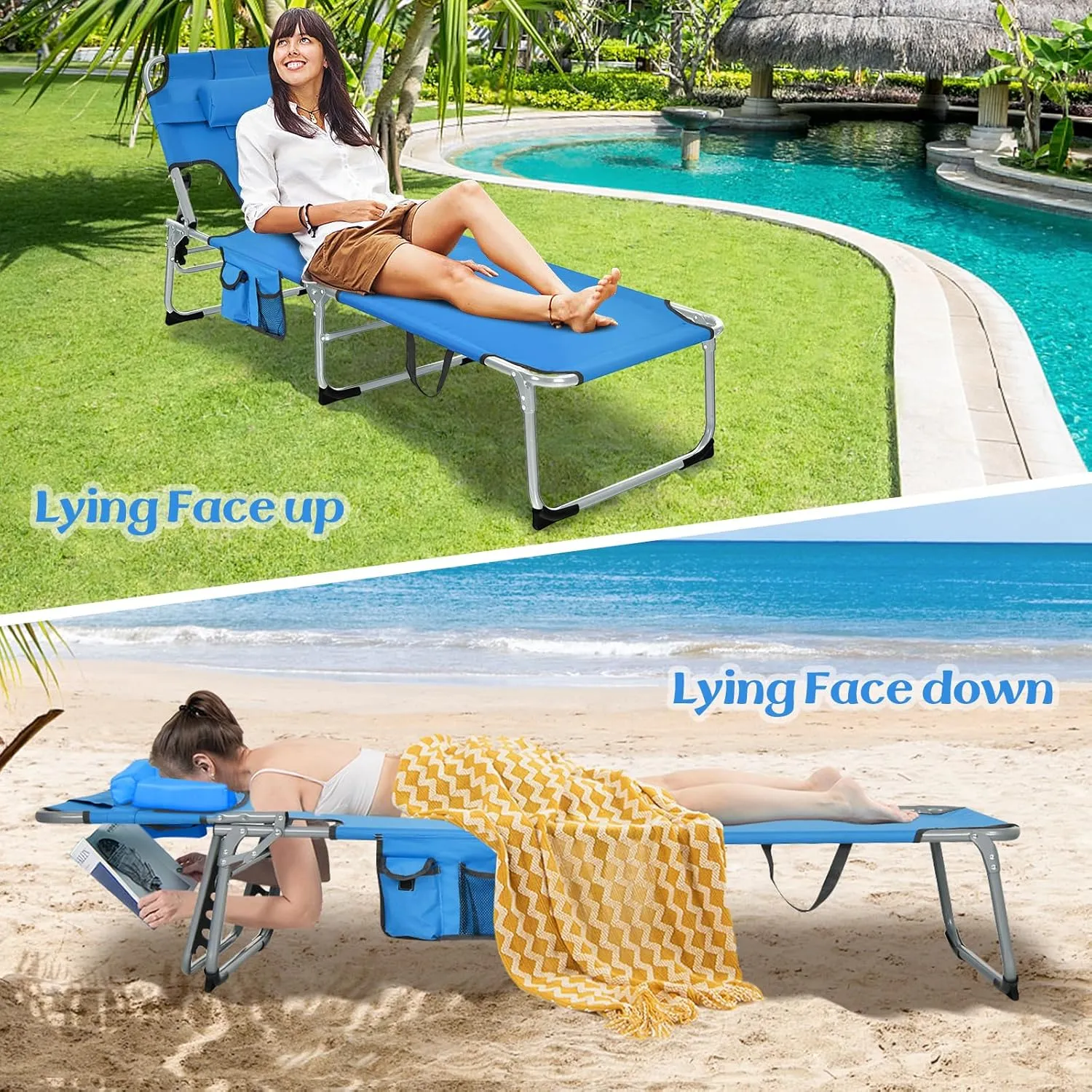 GYMAX Tanning Chair, Beach Lounge Chair with Face Hole, 5 Level Adjustable Backrest, Removable Pillow & Carry Handle, Layout Sunbathing Chair for Outside Beach Poolside Lawn Patio (1, Blue)