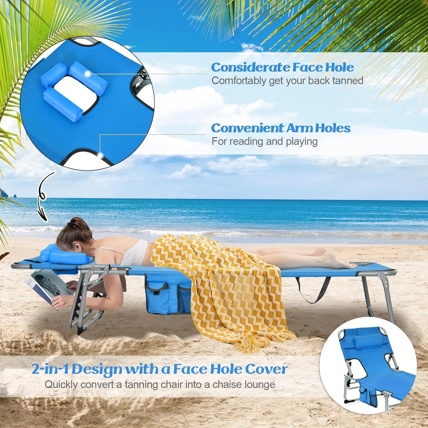GYMAX Tanning Chair, Beach Lounge Chair with Face Hole, 5 Level Adjustable Backrest, Removable Pillow & Carry Handle, Layout Sunbathing Chair for Outside Beach Poolside Lawn Patio (1, Blue)
