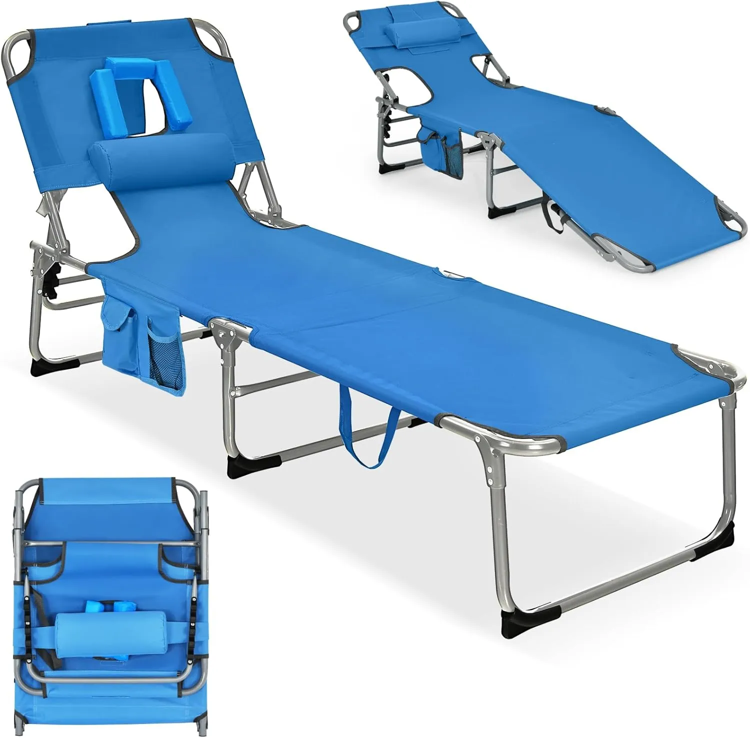 GYMAX Tanning Chair, Beach Lounge Chair with Face Hole, 5 Level Adjustable Backrest, Removable Pillow & Carry Handle, Layout Sunbathing Chair for Outside Beach Poolside Lawn Patio (1, Blue)