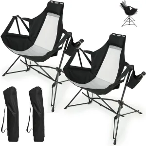 Hammock Folding Camping Chair - Outdoor Portable Swing Camp Chairs Set of 2 with Stand Adults Rocking Swinging Chair for Beach Lawn Patio (Black)