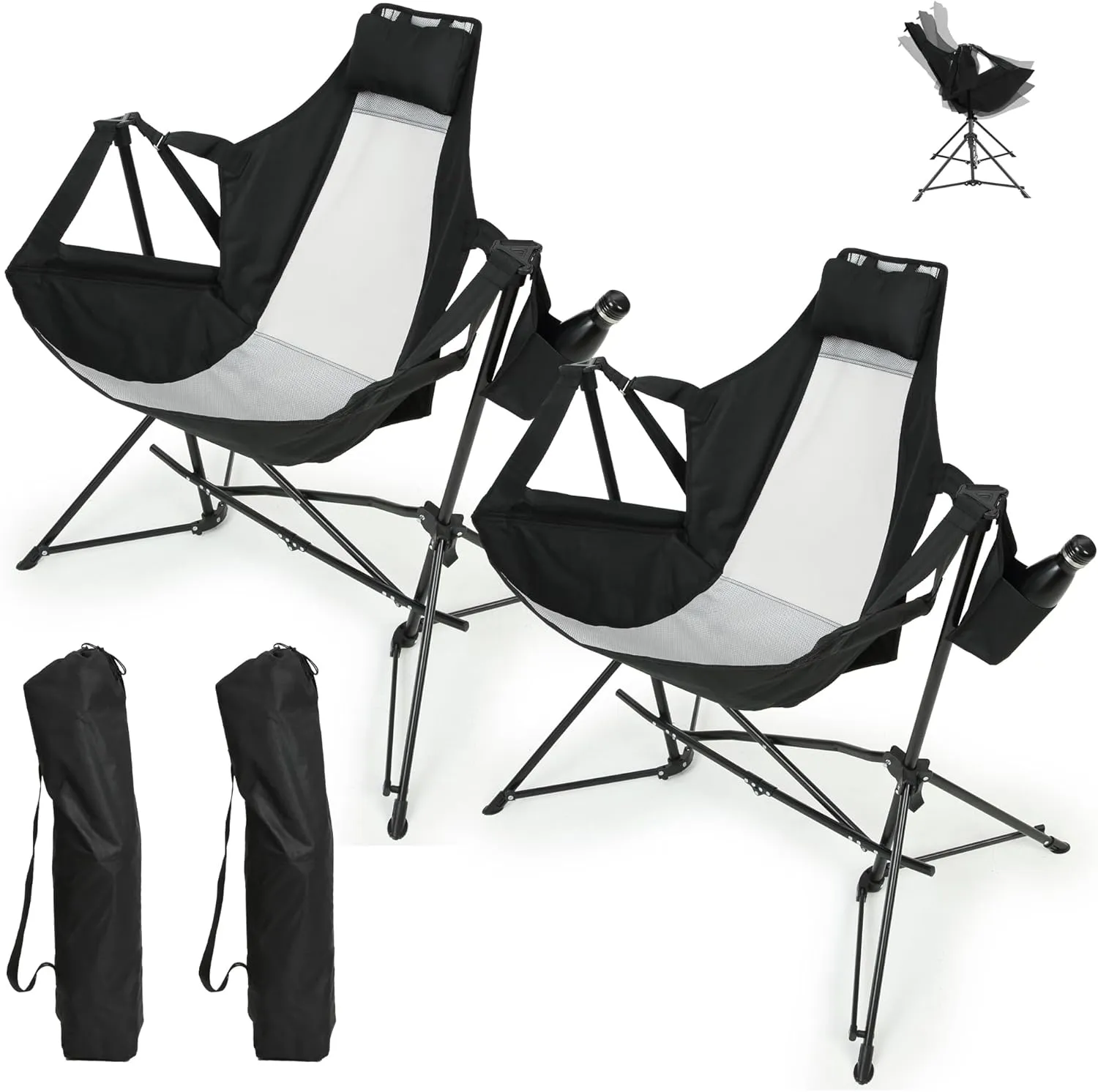 Hammock Folding Camping Chair - Outdoor Portable Swing Camp Chairs Set of 2 with Stand Adults Rocking Swinging Chair for Beach Lawn Patio (Black)