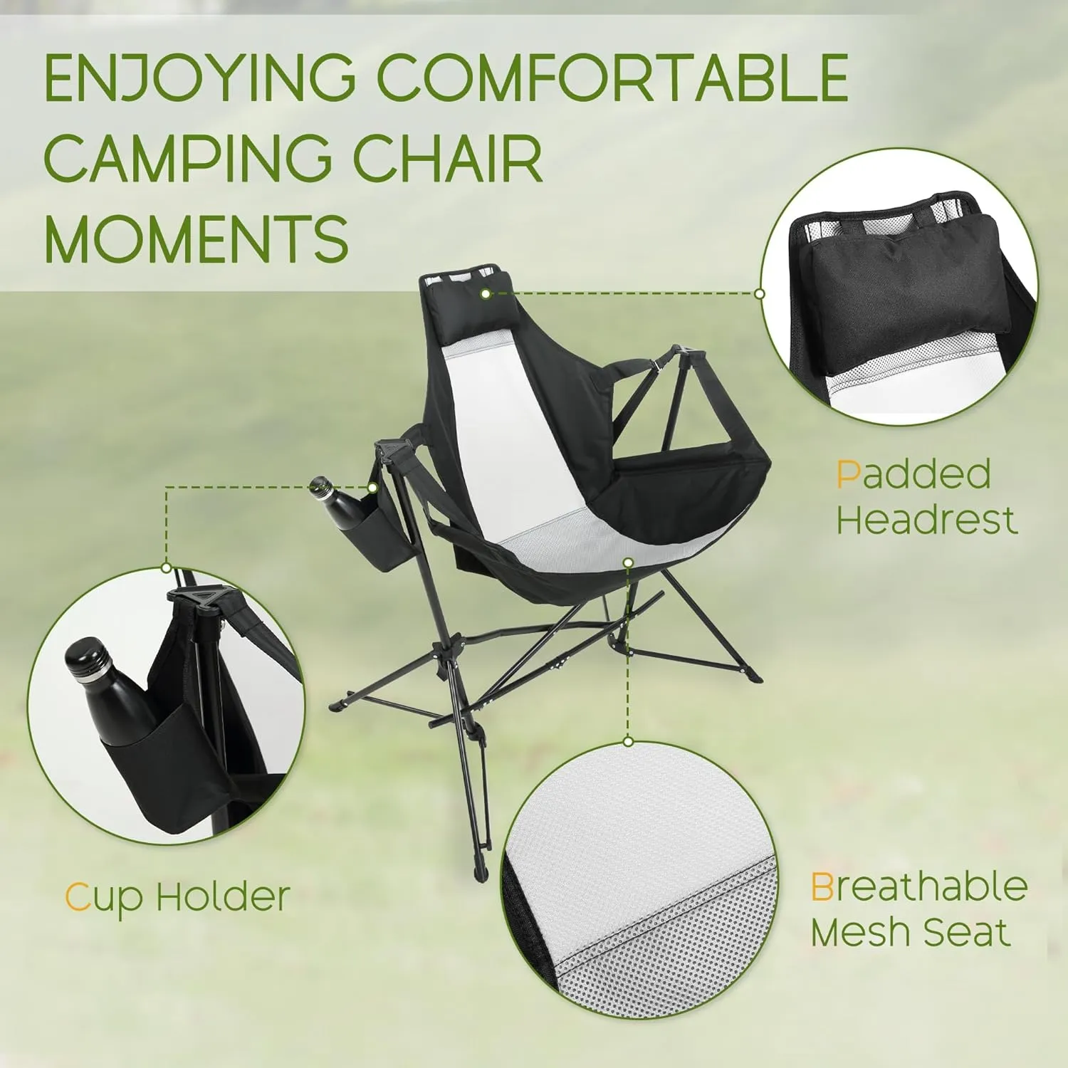 Hammock Folding Camping Chair - Outdoor Portable Swing Camp Chairs Set of 2 with Stand Adults Rocking Swinging Chair for Beach Lawn Patio (Black)