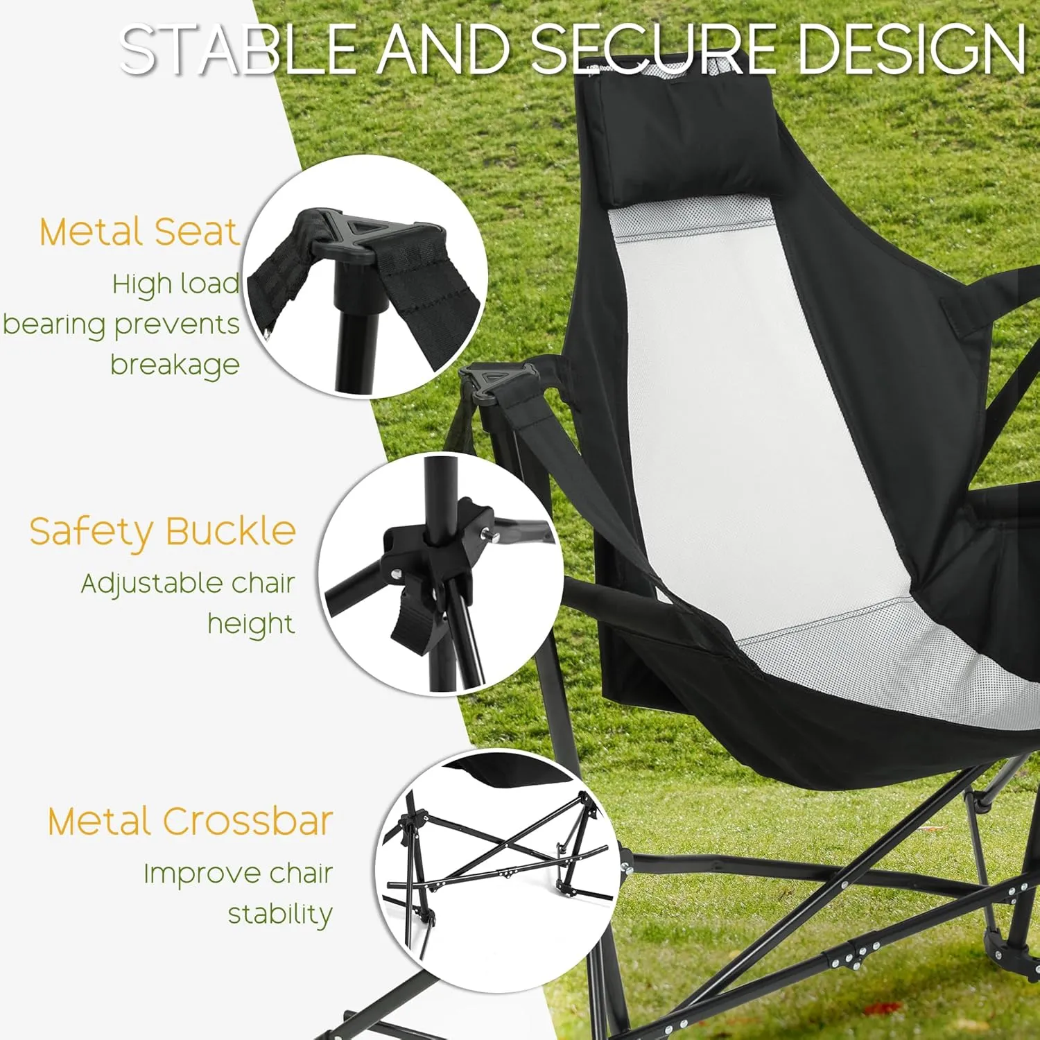 Hammock Folding Camping Chair - Outdoor Portable Swing Camp Chairs Set of 2 with Stand Adults Rocking Swinging Chair for Beach Lawn Patio (Black)