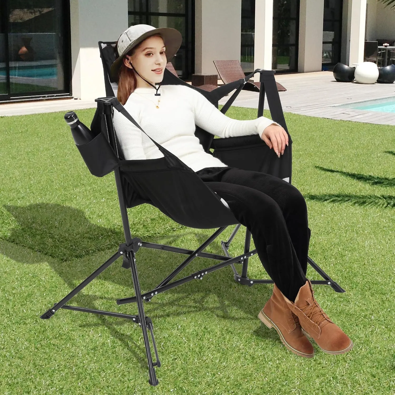 Hammock Folding Camping Chair - Outdoor Portable Swing Camp Chairs Set of 2 with Stand Adults Rocking Swinging Chair for Beach Lawn Patio (Black)