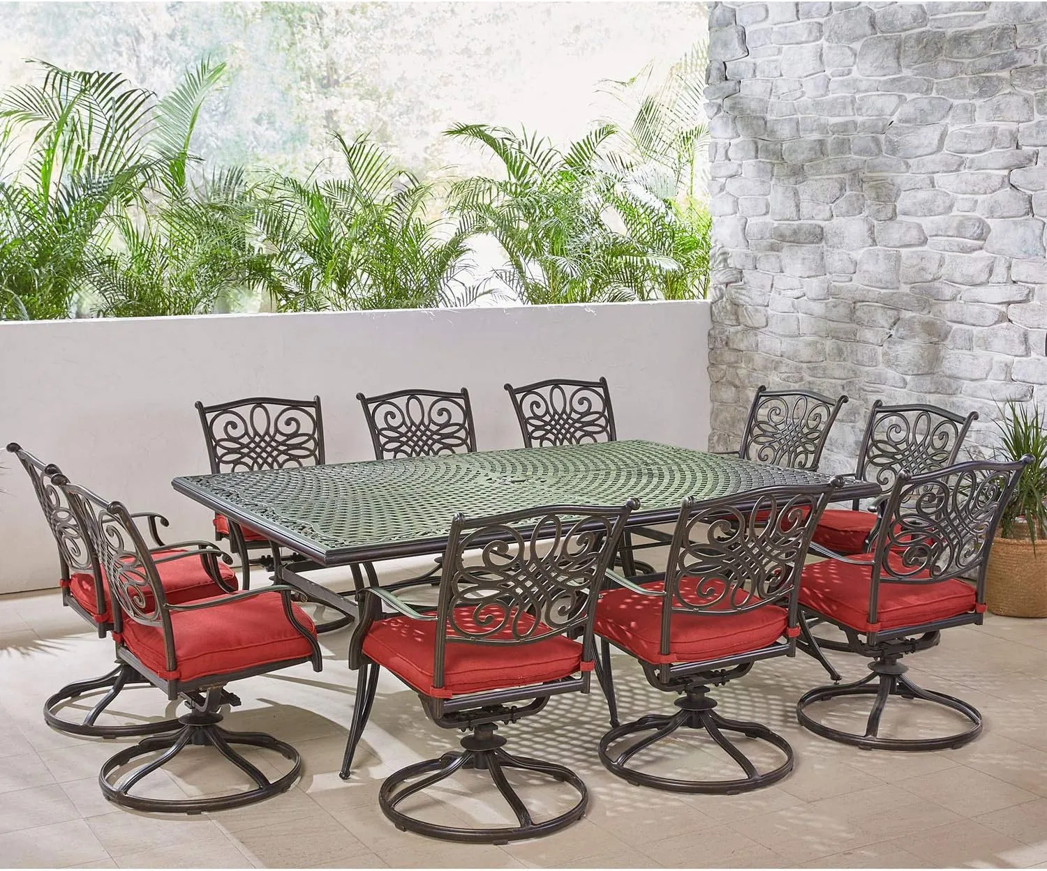 Hanover Traditions 11-Piece Modern Outdoor Dining Set with Rust Resistant Cast Aluminum Rectangular Large Dining Table and 10 Swivel Rocker Chairs with Plush Weather Resistant Red Cushions