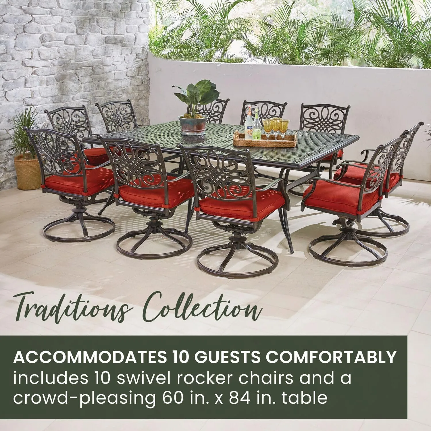 Hanover Traditions 11-Piece Modern Outdoor Dining Set with Rust Resistant Cast Aluminum Rectangular Large Dining Table and 10 Swivel Rocker Chairs with Plush Weather Resistant Red Cushions