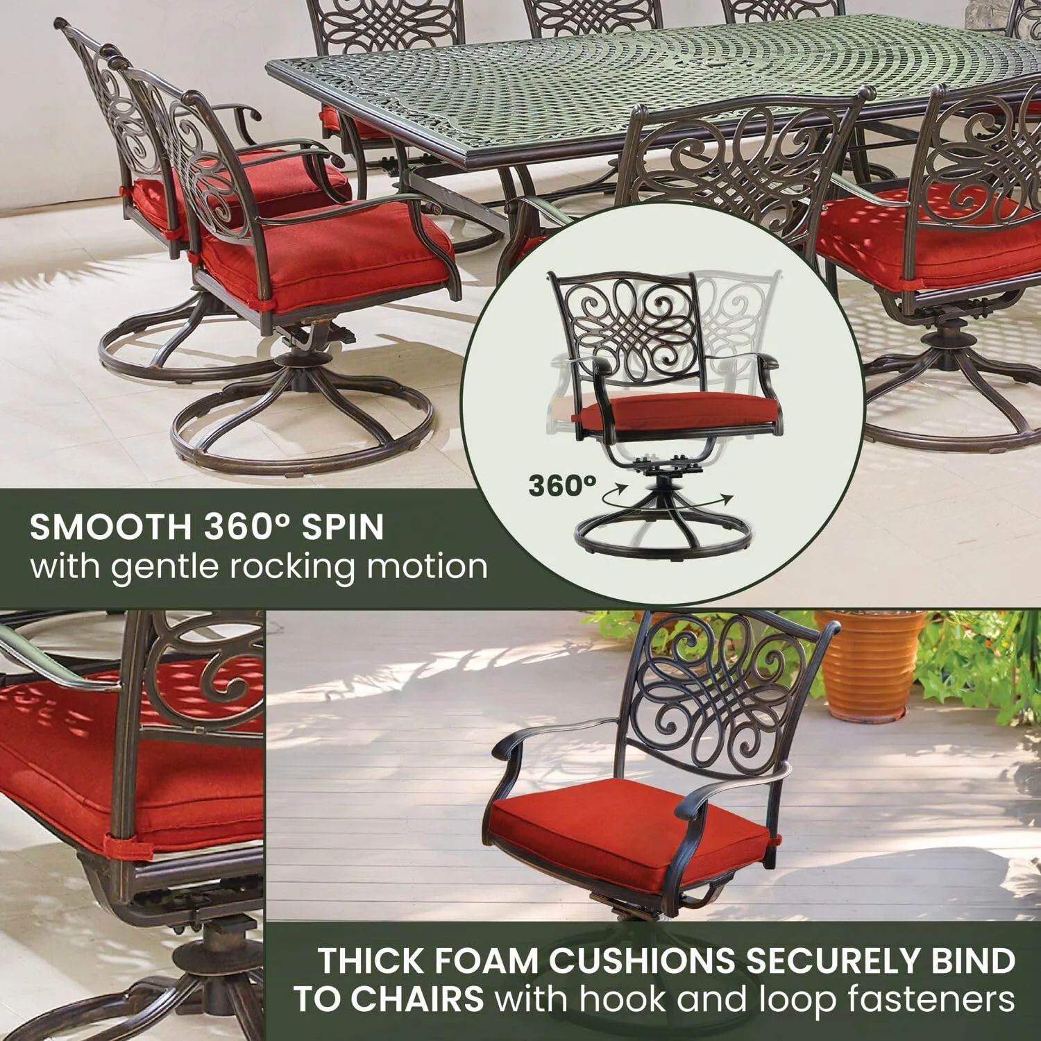 Hanover Traditions 11-Piece Modern Outdoor Dining Set with Rust Resistant Cast Aluminum Rectangular Large Dining Table and 10 Swivel Rocker Chairs with Plush Weather Resistant Red Cushions