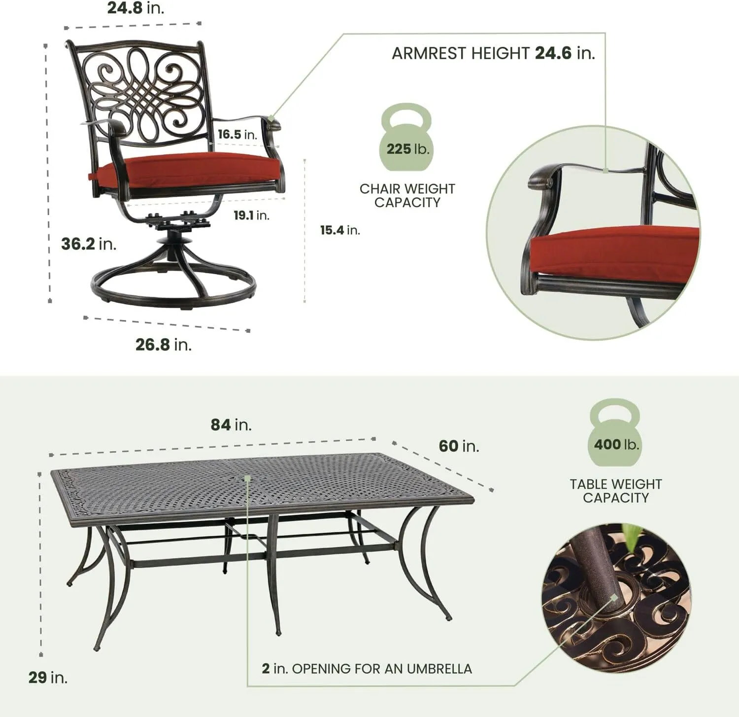 Hanover Traditions 11-Piece Modern Outdoor Dining Set with Rust Resistant Cast Aluminum Rectangular Large Dining Table and 10 Swivel Rocker Chairs with Plush Weather Resistant Red Cushions