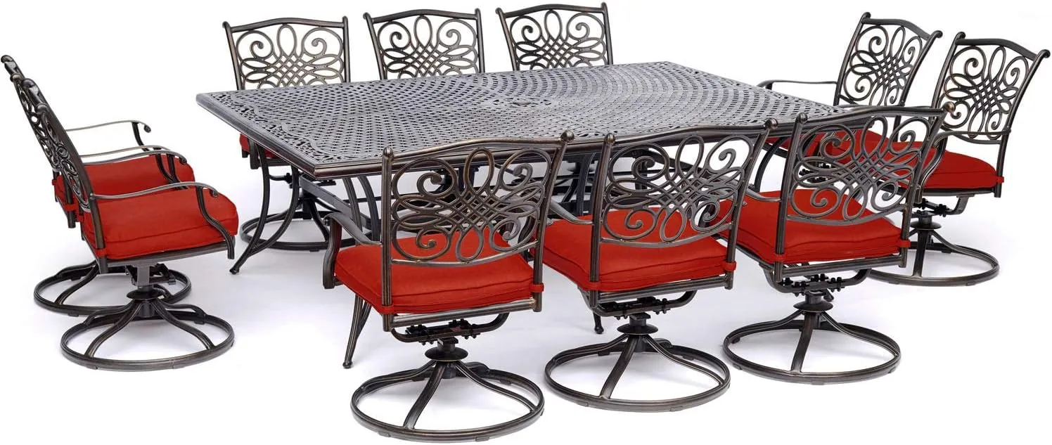 Hanover Traditions 11-Piece Modern Outdoor Dining Set with Rust Resistant Cast Aluminum Rectangular Large Dining Table and 10 Swivel Rocker Chairs with Plush Weather Resistant Red Cushions