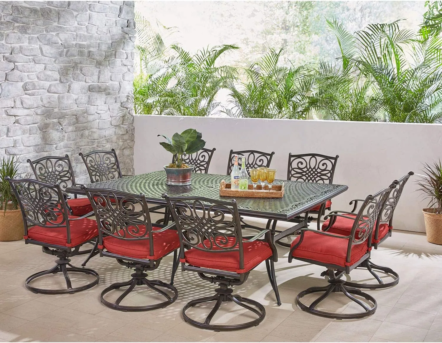Hanover Traditions 11-Piece Modern Outdoor Dining Set with Rust Resistant Cast Aluminum Rectangular Large Dining Table and 10 Swivel Rocker Chairs with Plush Weather Resistant Red Cushions