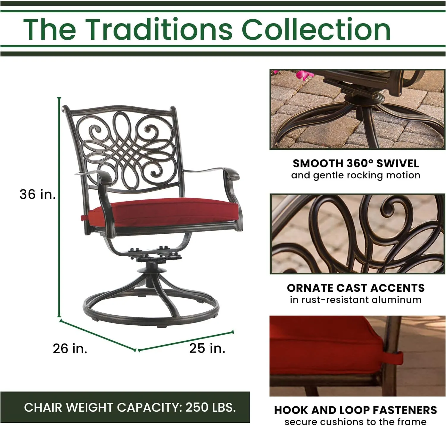 Hanover Traditions 11-Piece Modern Outdoor Dining Set with Rust Resistant Cast Aluminum Rectangular Large Dining Table and 10 Swivel Rocker Chairs with Plush Weather Resistant Red Cushions