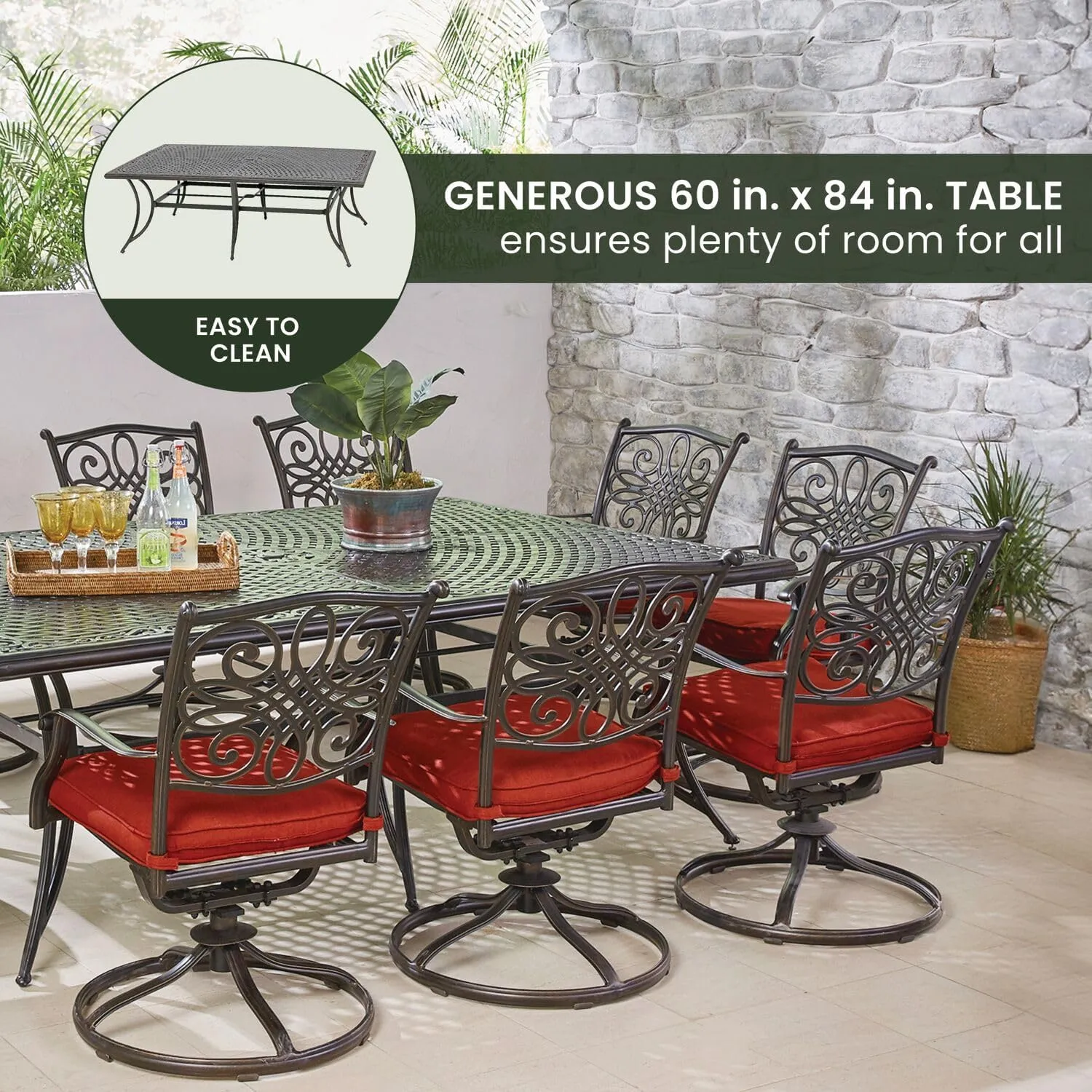 Hanover Traditions 11-Piece Modern Outdoor Dining Set with Rust Resistant Cast Aluminum Rectangular Large Dining Table and 10 Swivel Rocker Chairs with Plush Weather Resistant Red Cushions