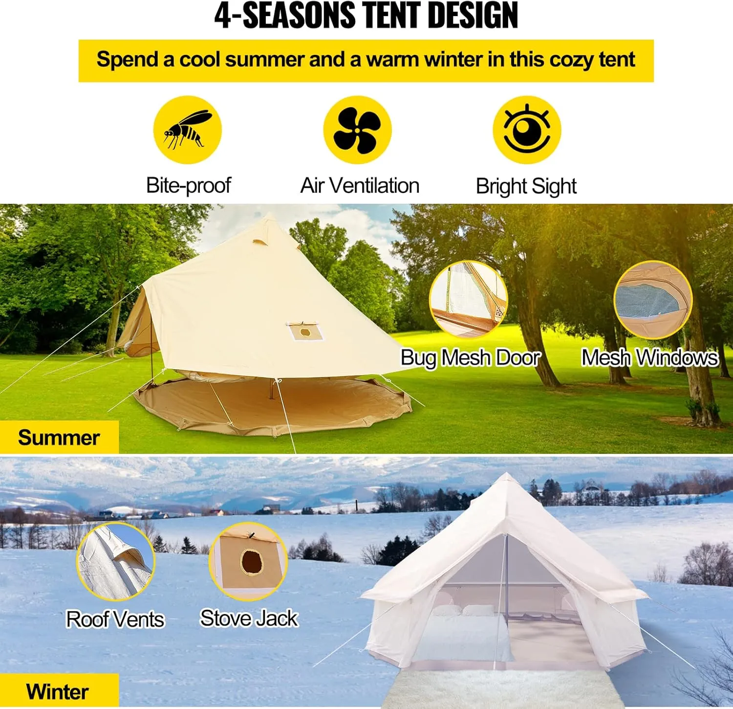 Happybuy Canvas Bell Tent - 4 Seasons Breathable 100% Cotton Canvas Yurt - w/Stove Jack, Luxury Glamping Tent Waterproof for Family Camping, Hunting, Party