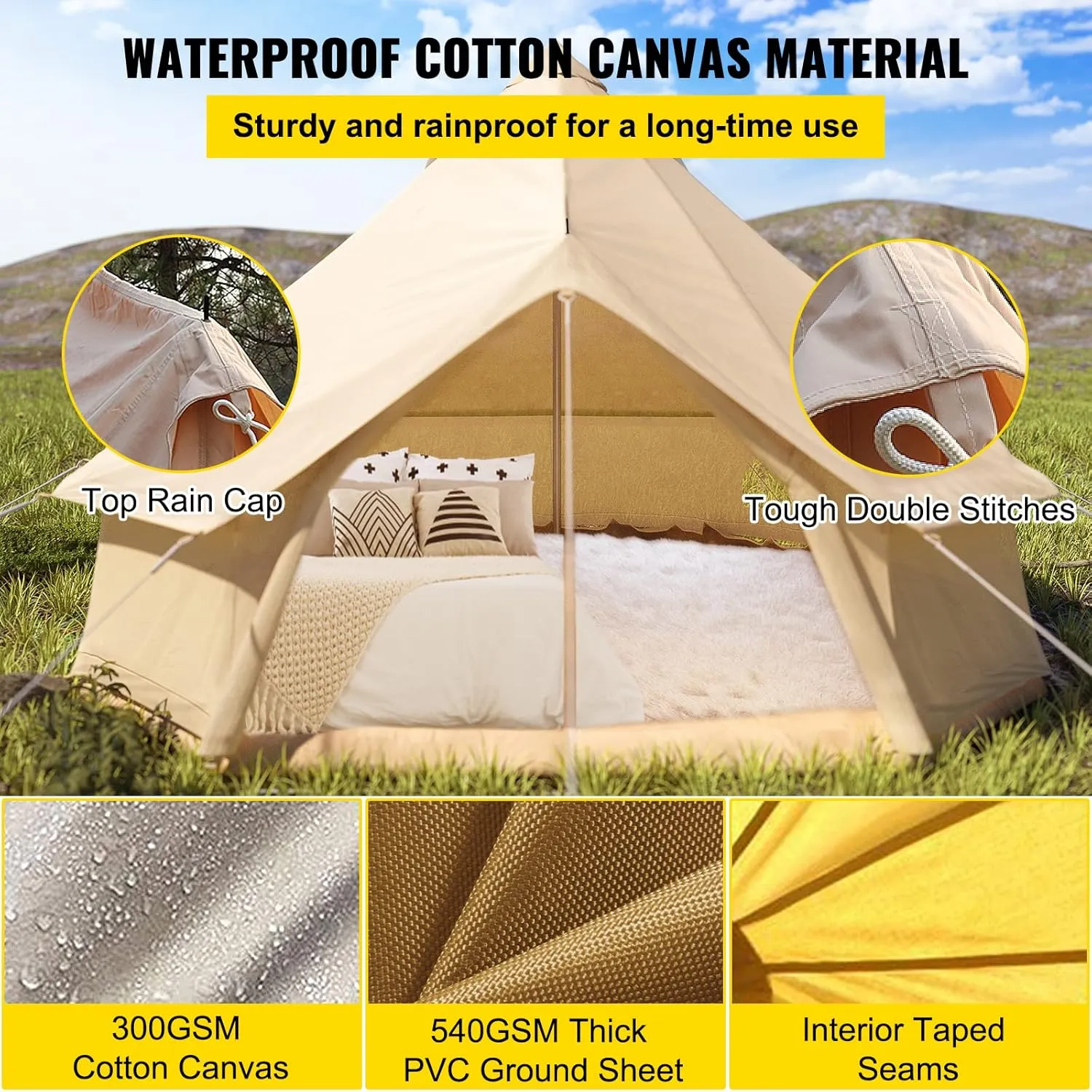Happybuy Canvas Bell Tent - 4 Seasons Breathable 100% Cotton Canvas Yurt - w/Stove Jack, Luxury Glamping Tent Waterproof for Family Camping, Hunting, Party