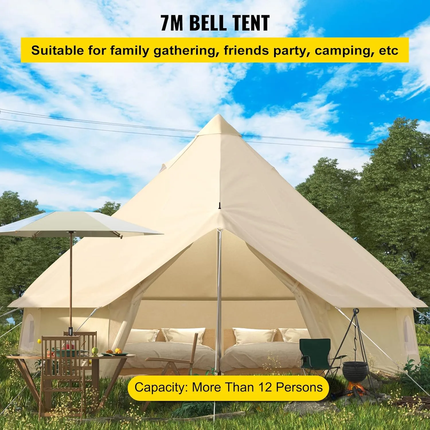 Happybuy Canvas Bell Tent - 4 Seasons Breathable 100% Cotton Canvas Yurt - w/Stove Jack, Luxury Glamping Tent Waterproof for Family Camping, Hunting, Party