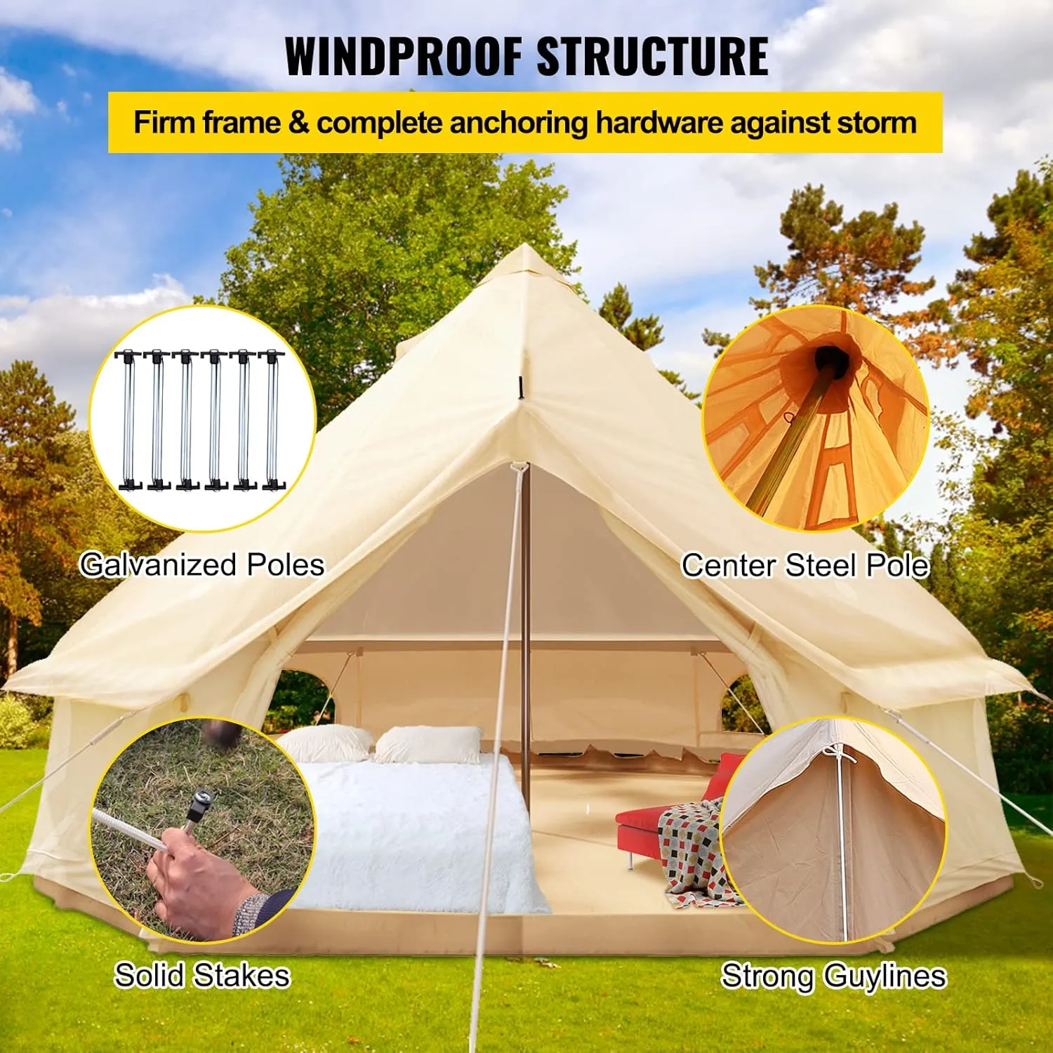 Happybuy Canvas Bell Tent - 4 Seasons Breathable 100% Cotton Canvas Yurt - w/Stove Jack, Luxury Glamping Tent Waterproof for Family Camping, Hunting, Party
