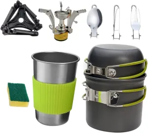 Happyyami 1set Camping Cookware Portable Cutlery for Outdoor Cooking Lightweight and Folding Design for Picnics Hiking and Climbing Includes Cleaning Sponge Stove