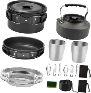 Happyyami Camping Cookware Portable Set 1 Pot 1 Teapot 1 Plate Non-Stick Outdoor Cookware for Hiking Backpacking