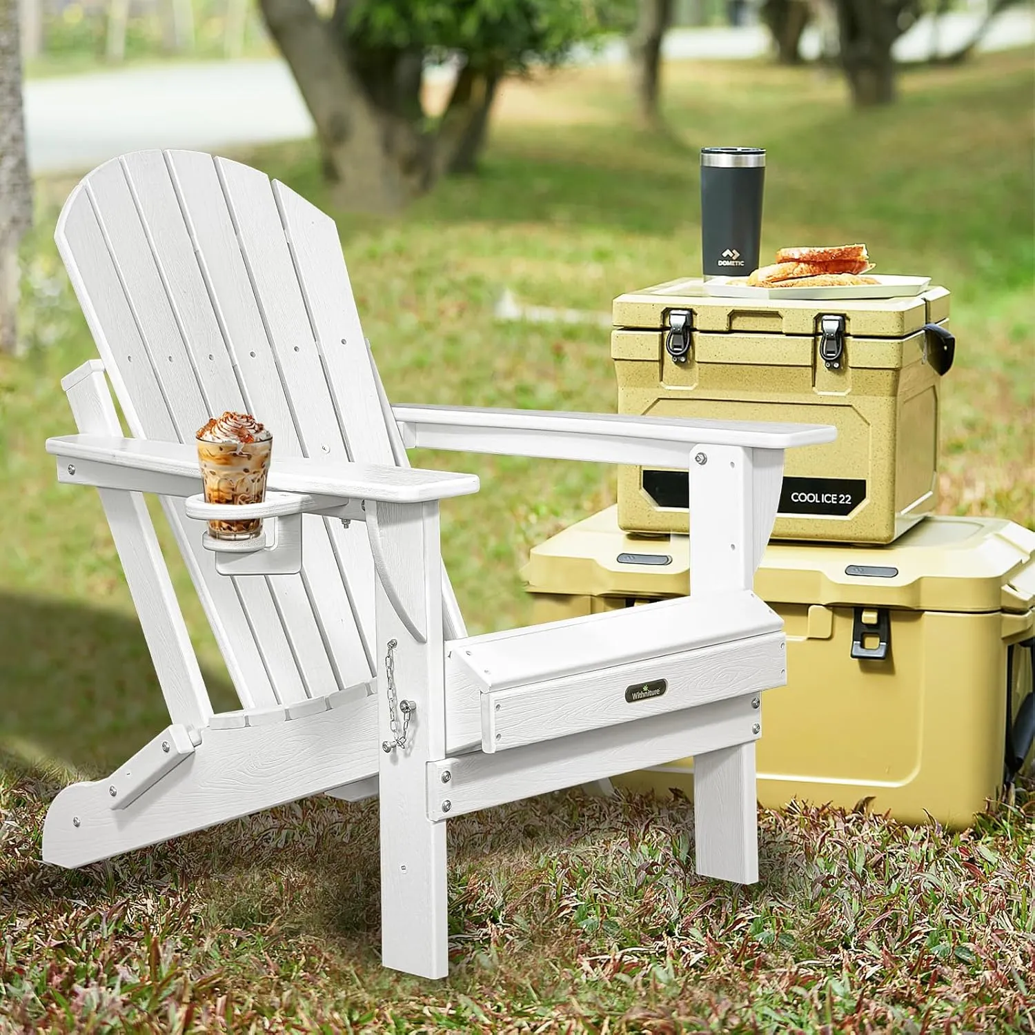 HDPE Folding Adirondack Chair,Fire Pit Chair with Cup Holder,Outside Weather Resistant Patio Chairs,Adirondack Chair Wood Texture for Patio Backyard Garden (White)