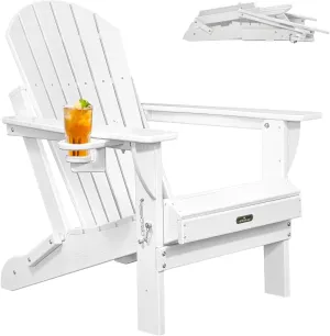 HDPE Folding Adirondack Chair,Fire Pit Chair with Cup Holder,Outside Weather Resistant Patio Chairs,Adirondack Chair Wood Texture for Patio Backyard Garden (White)
