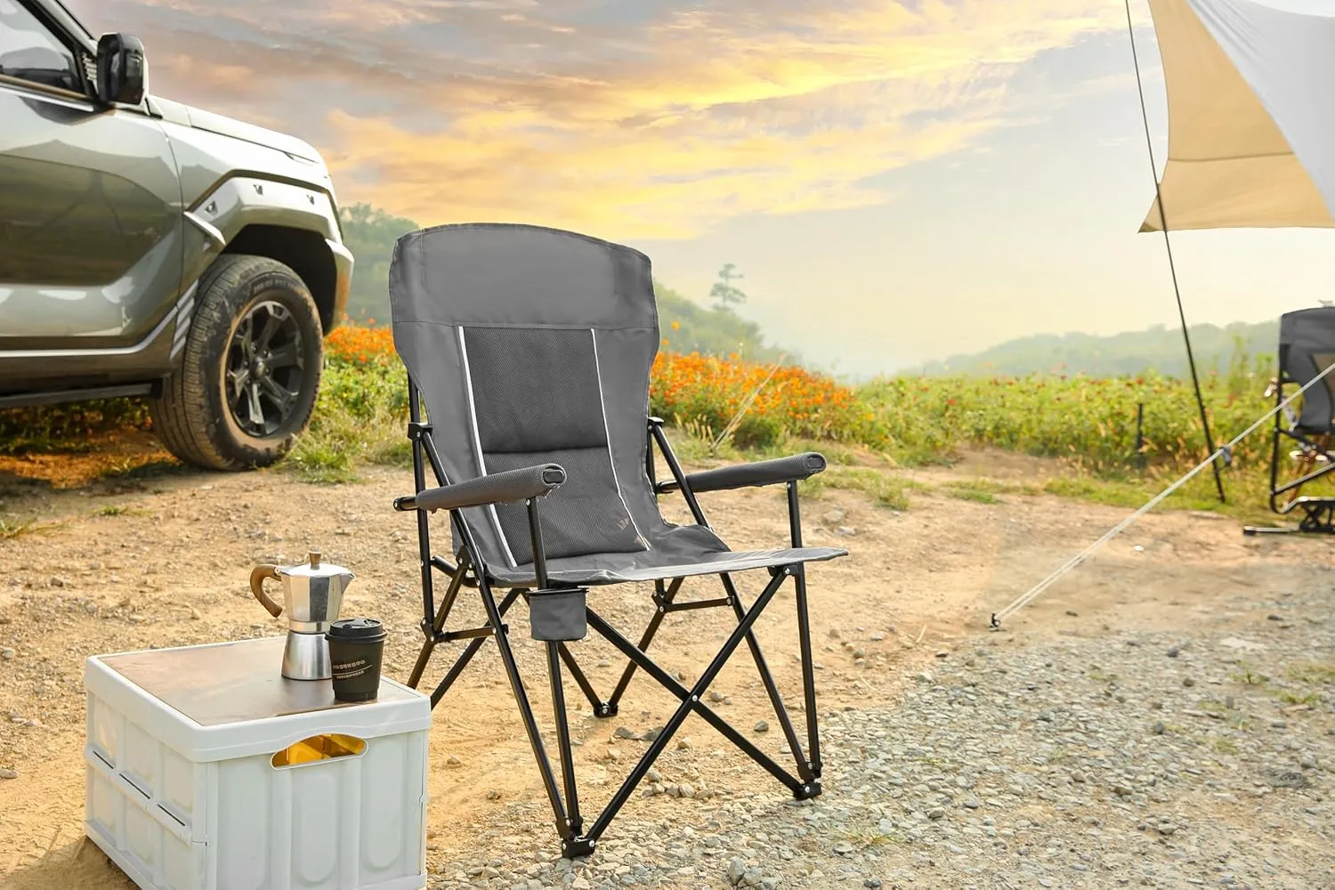 Heavy Duty Lawn Chair 250LBS Capacity - High Back Portable Folding Camping Chair with Cup Holder & Carry Bag for Outdoor, Beach, Fishing, Backyard, Picnic (Gray)