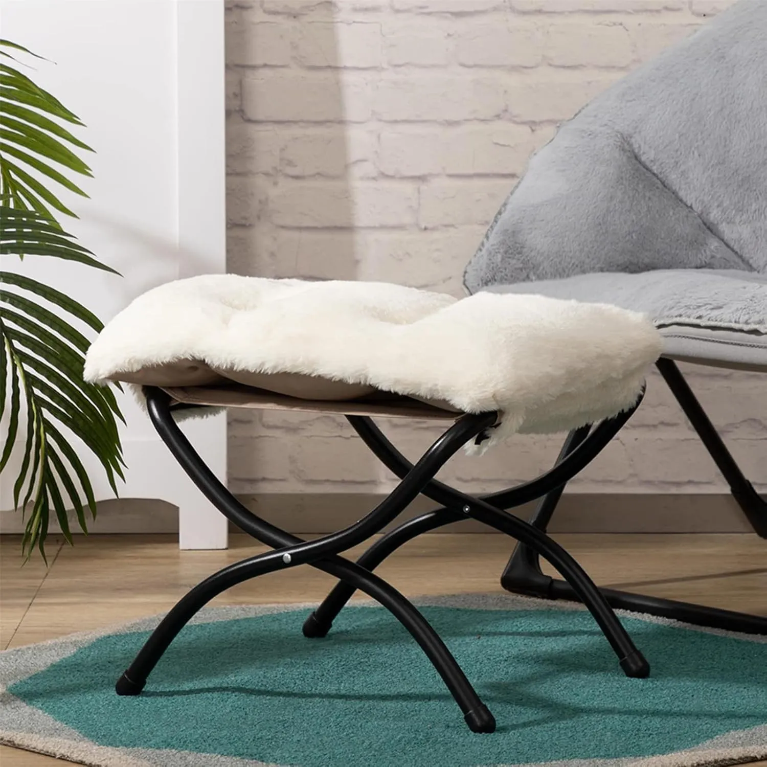 HollyHOME 15"(H) Folding Footrest Stool, Upholstered Small Foldable Ottoman, Accent Padded Sofa Foot Stool for Lazy Chair, Metal Frame Portable Foot Rest Ottoman for Home, Living Room, Bedroom, Beige