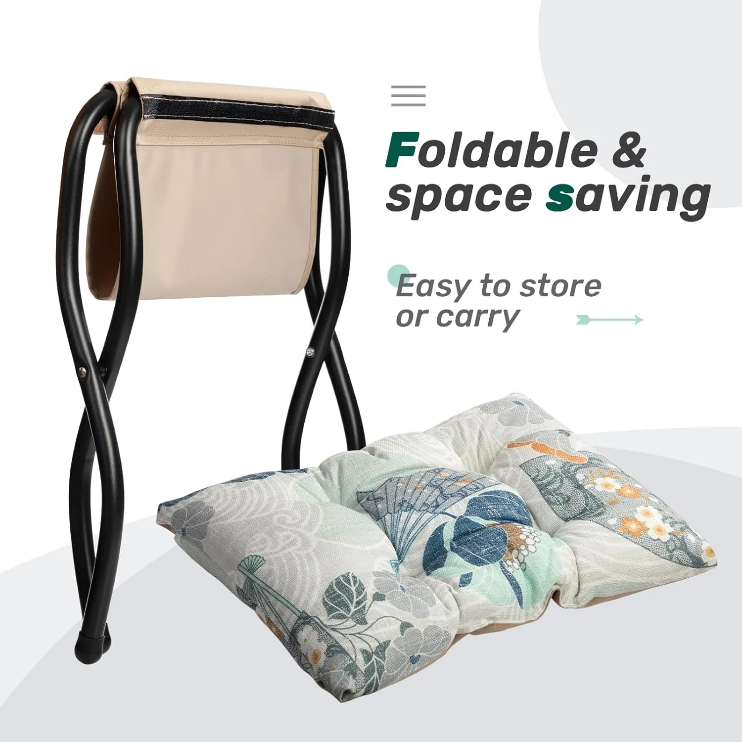 HollyHOME 15"(H) Folding Footrest Stool, Upholstered Small Foldable Ottoman, Accent Padded Sofa Foot Stool for Lazy Chair, Metal Frame Portable Foot Rest Ottoman for Living Room, Bedroom, Fan Print