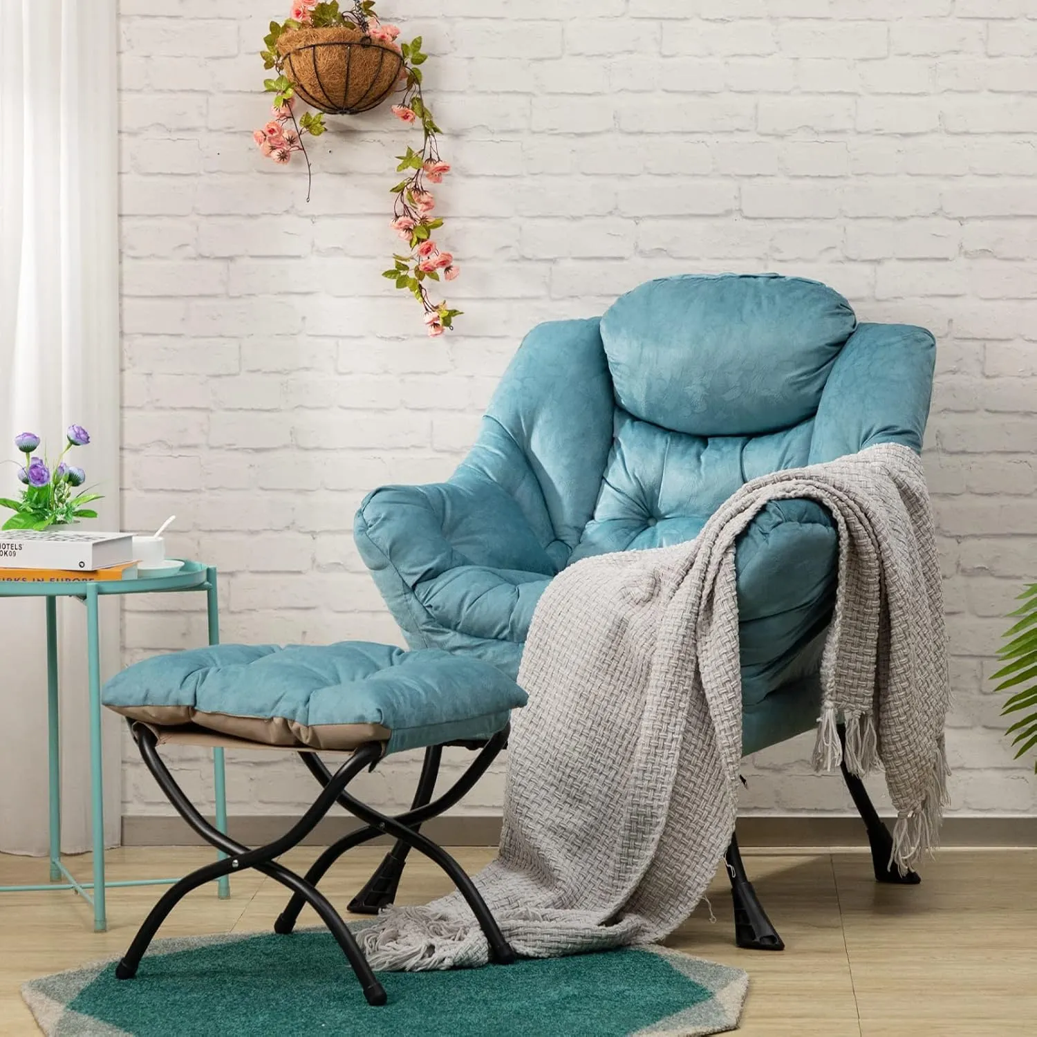 HollyHOME Fabric Lazy Chair with Foldable Ottoman, Accent Comfy Lounge Arm Chair and Folding Footrest Stool Set, Leisure Sofa Reading Chair and Footstool for Living Room, Bedroom, Dorm, Blue