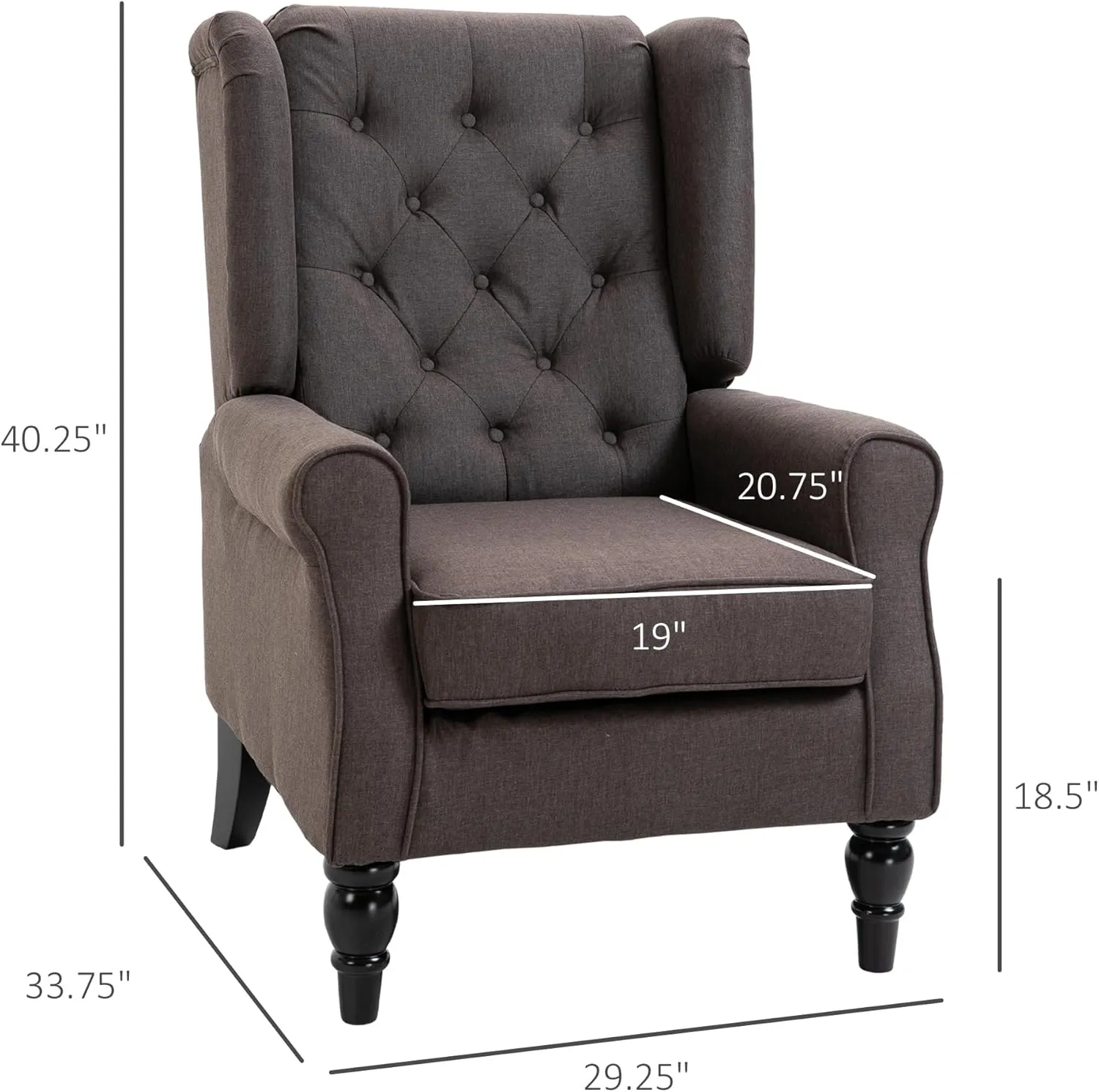 HOMCOM Mid-Century Modern Accent Chair, High Wingback Chair, Button-Tufted Upholstered Fabric Armchair with Retro Wood Legs for Living Room, Bedroom, Dark Brown