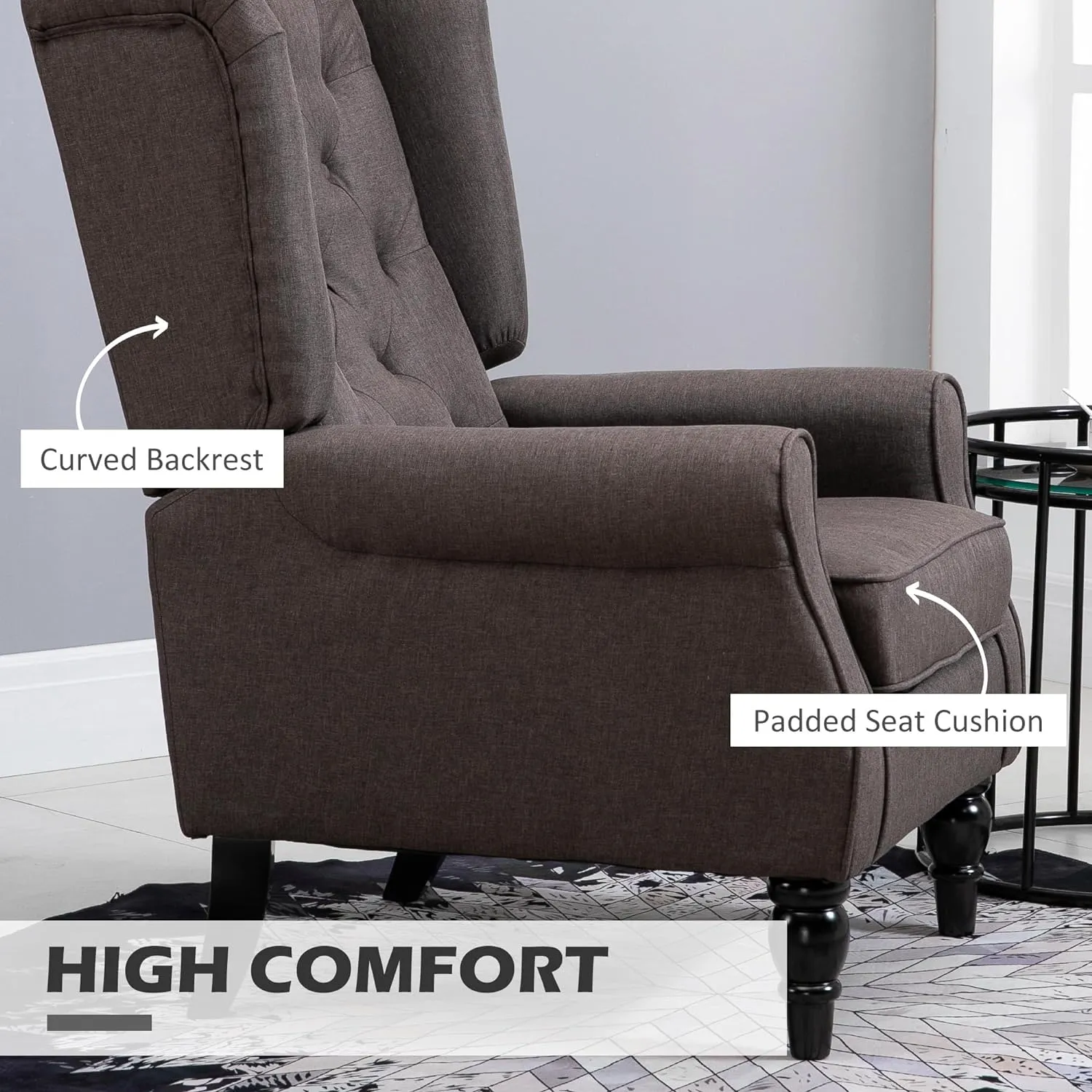 HOMCOM Mid-Century Modern Accent Chair, High Wingback Chair, Button-Tufted Upholstered Fabric Armchair with Retro Wood Legs for Living Room, Bedroom, Dark Brown