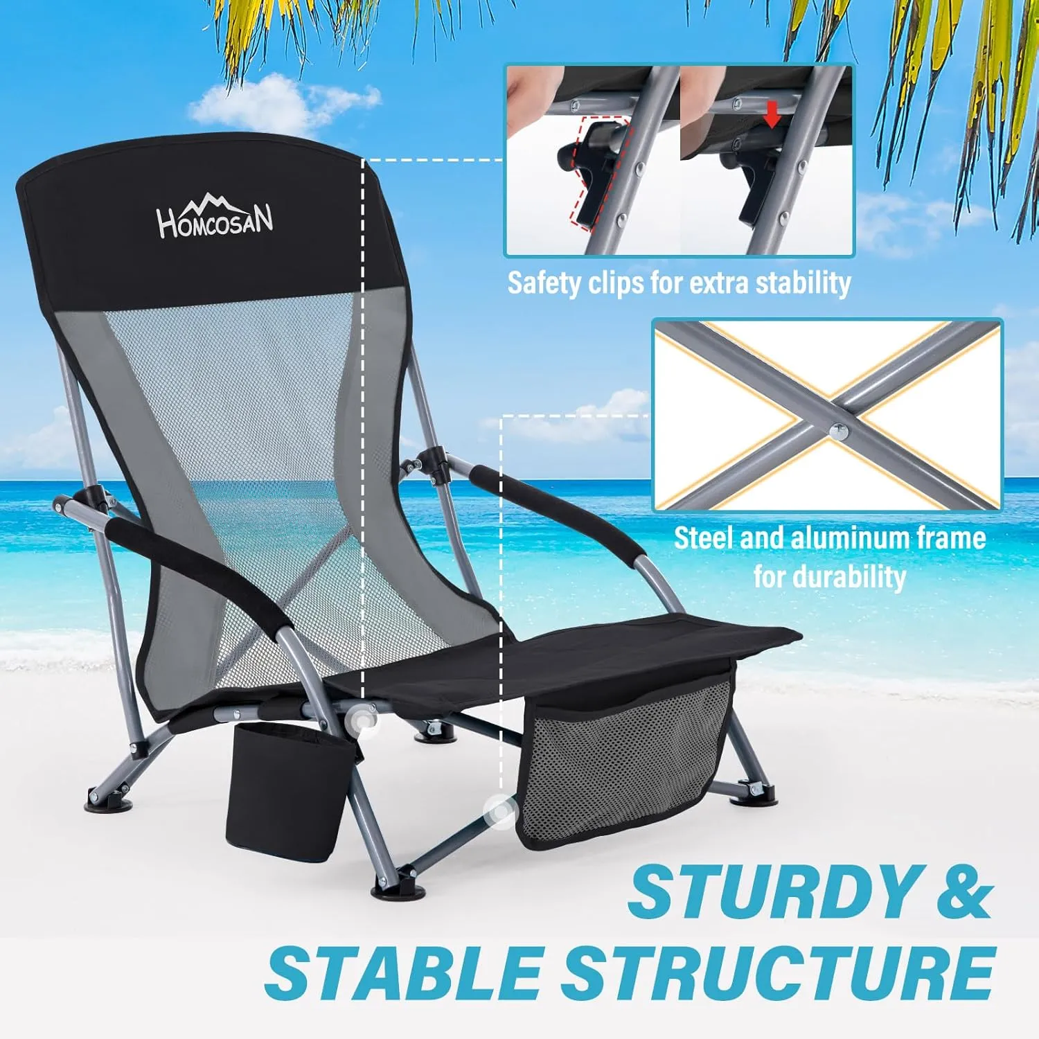 Homcosan Portable Low Folding Beach Chair with Detachable Umbrella - Lightweight Camping Chair for Adults with Cup Holder & Storage Pocket, Carry Bag Included (Black & Gray)