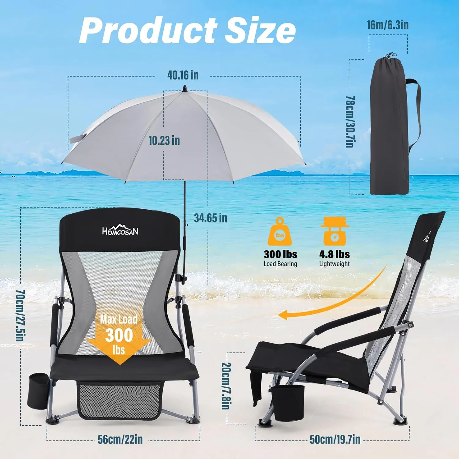 Homcosan Portable Low Folding Beach Chair with Detachable Umbrella - Lightweight Camping Chair for Adults with Cup Holder & Storage Pocket, Carry Bag Included (Black & Gray)